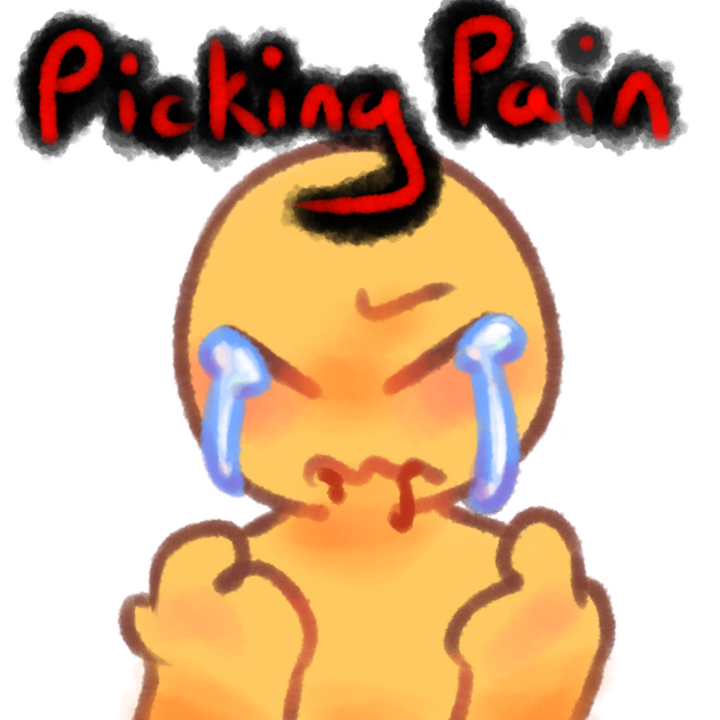Drawing of an emojiperson in pain and crying with blood coming from their lips. The text "Picking Pain" in red with a black outline can be seen above the drawing.
