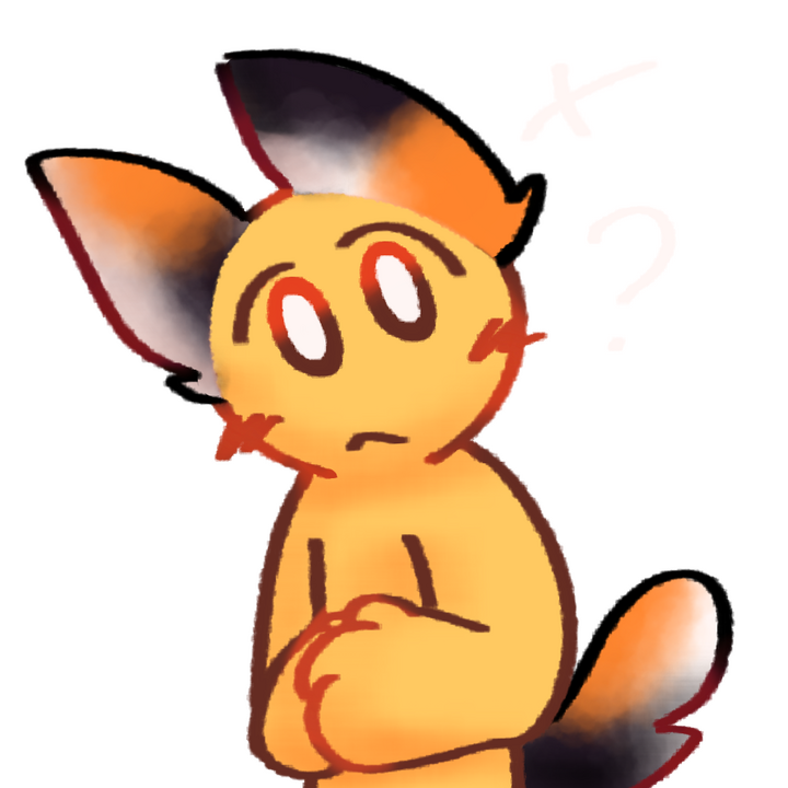 Drawing of an emojiperson with calico cat ears and a tail tilting their head looking confused with a question mark next to their head.