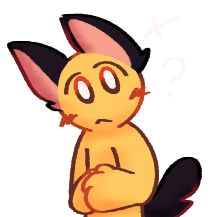 Drawing of an emojiperson with black cat ears with pink insides and a tail tilting their head looking confused with a question mark next to their head.