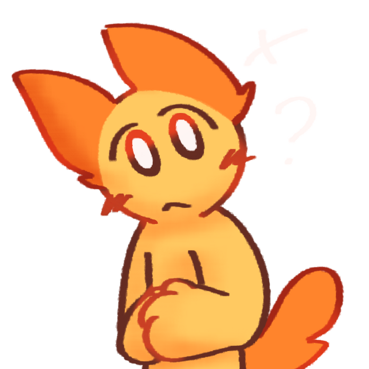 Drawing of an emojiperson with orange cat ears and a tail tilting their head looking confused with a question mark next to their head.