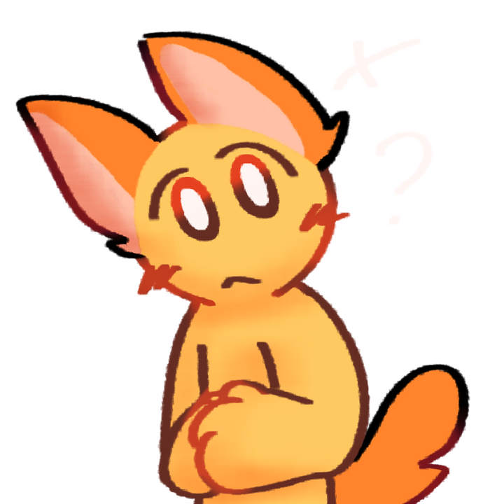 Drawing of an emojiperson with orange cat ears with pink insides and a tail tilting their head looking confused with a question mark next to their head.