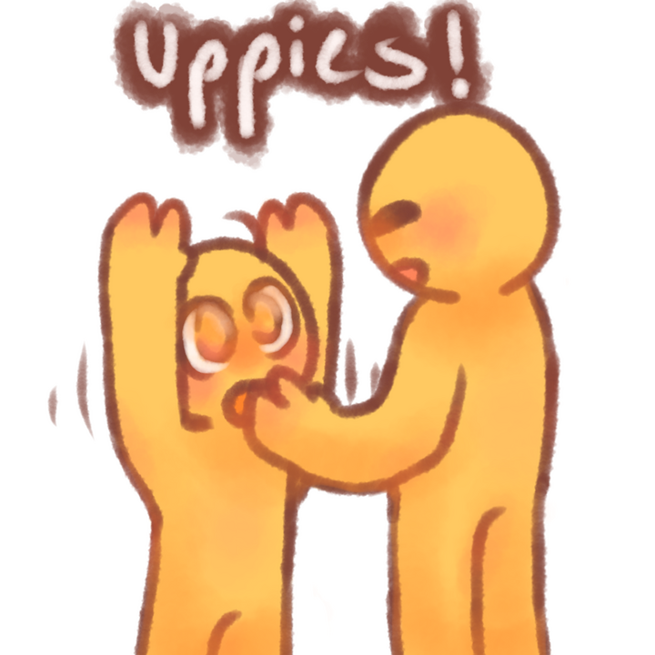 Drawing of an age regressed emojiperson with an orange pacifier and their arms raised asking their caregiver for uppies. The text "Uppies!" in white with a brown outline can be seen above the drawing.
