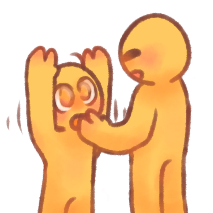 Drawing of an age regressed emojiperson with an orange pacifier and their arms raised asking their caregiver for uppies.