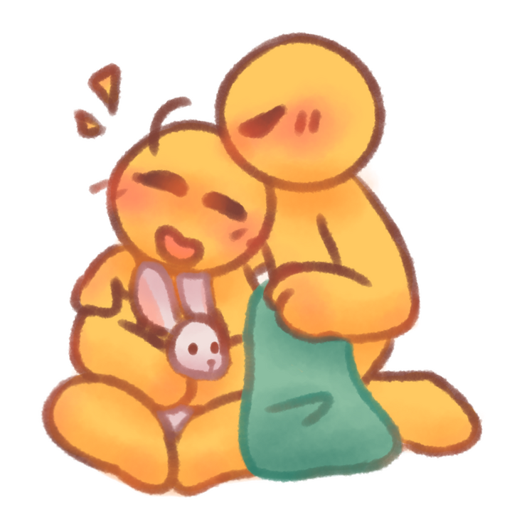 Drawing of an age regressed emojiperson holding a plush bunny and getting a blanket drapped over them by their caregiver, who is kissing them.