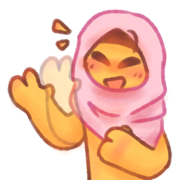 Drawing of an emojiperson in a pink hijab waving happily.
