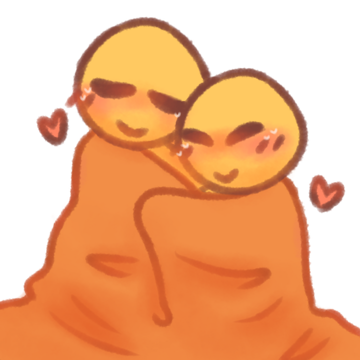 Drawing of two emojipeople cuddling in an orange blanket.