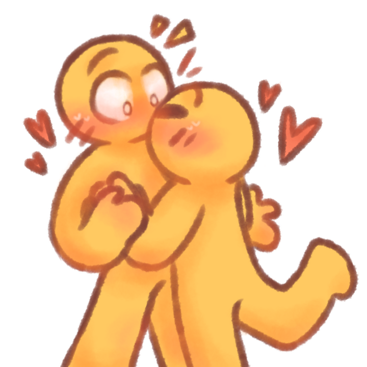 Drawing of two emojipeople kissing, with one jumping at the other and the other being surprised and flustered.