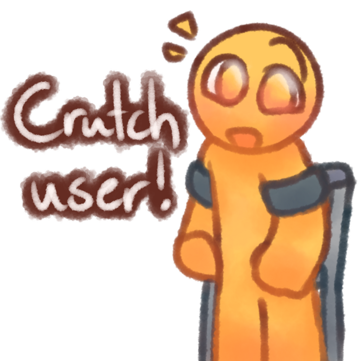 Drawing of an emojiperson using forearm crutches. The text "Crutch user" in white with a brown outline can be seen to the left of the drawing.
