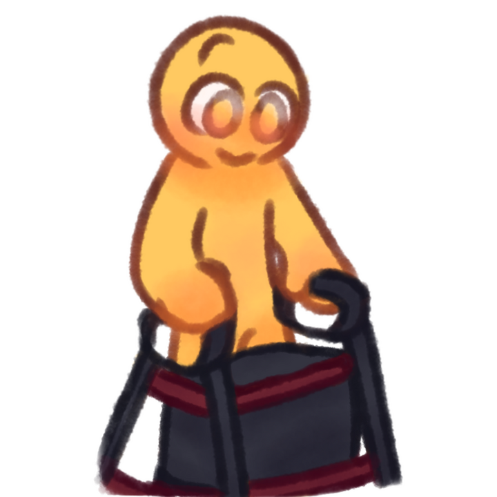 Drawing of an emojiperson using a rollator.