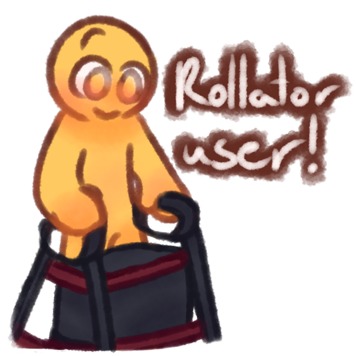 Drawing of an emojiperson using a rollator. The text "Rollator user" in white with a brown outline can be seen to the right of the drawing.