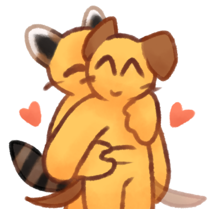 Drawing of two emojipeople hugging, one hugging from behind a chubby person and squishing their belly. There are hearts around the two. The one hugging has raccoon ears and tail and other has floppy brown dog ears and tail.