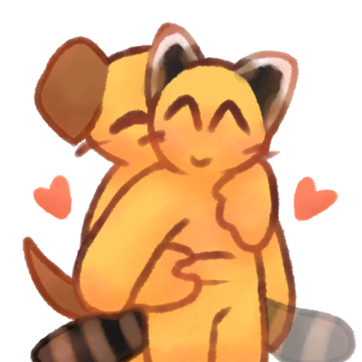 Drawing of two emojipeople hugging, one hugging from behind a chubby person and squishing their belly. There are hearts around the two. The one hugging has floppy brown dog ears and tail and other has raccoon ears and tail.