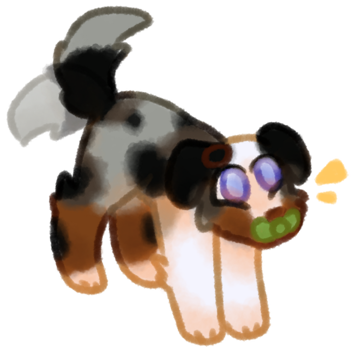 Drawing of an Aussie Blue Merle dog wagging its tail and smiling with a green pacifier in its mouth.