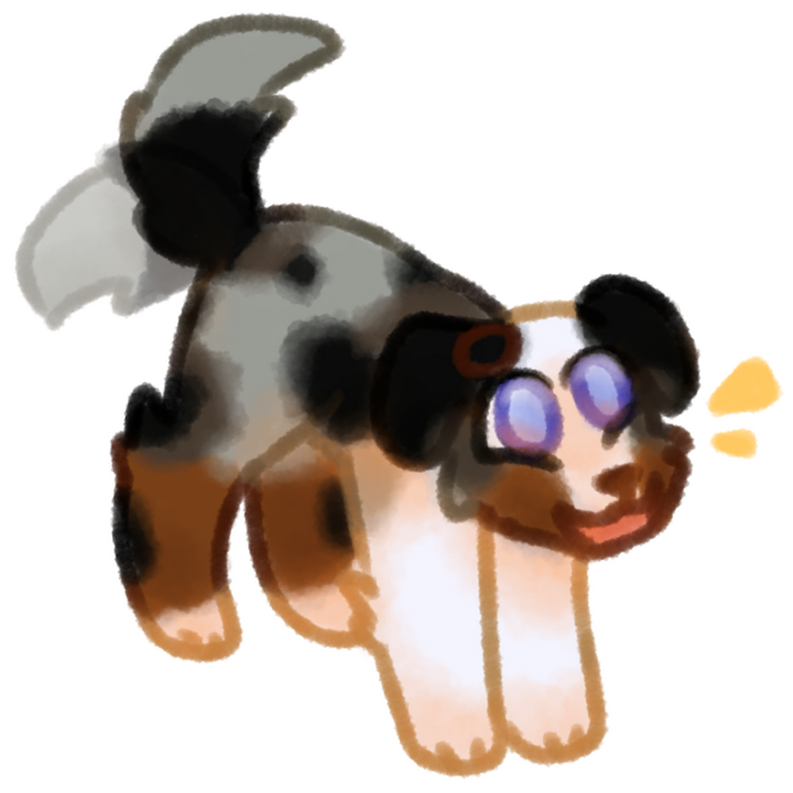 Drawing of an Aussie Blue Merle dog wagging its tail and smiling.