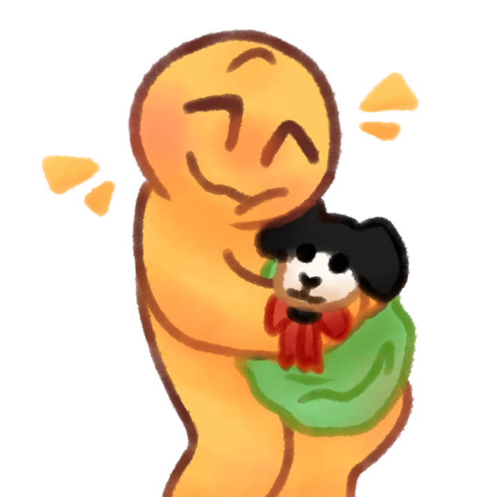 Drawing of an emojiperson happily hugging a personal dog plush wrapped in a green blanket.