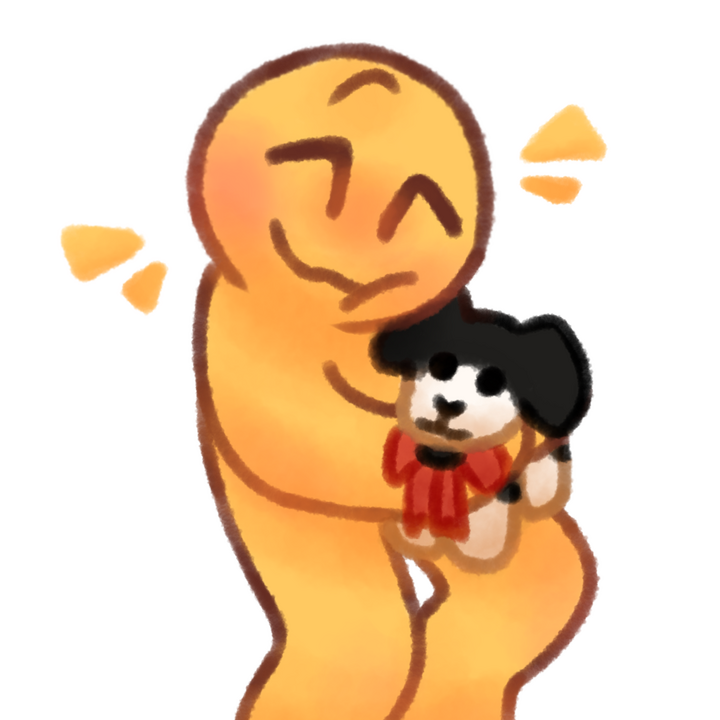 Drawing of an emojiperson happily hugging a personal dog plush.