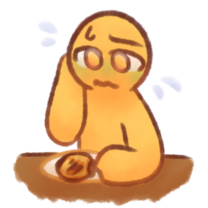Drawing of an emojiperson sitting at a table with a plate of grilled cheese, looking disgusted and nervous.
