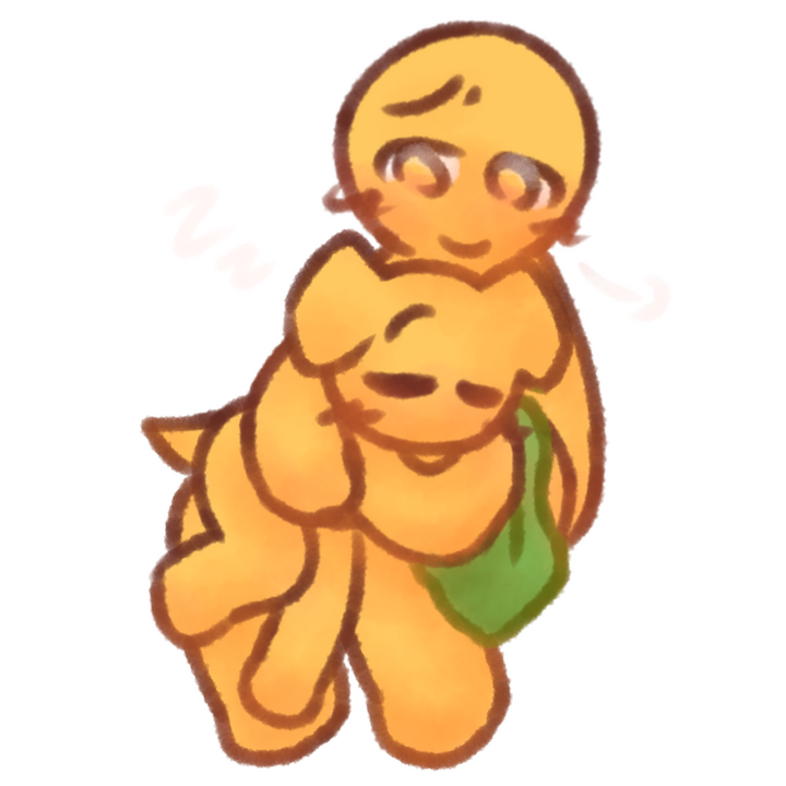 Drawing of two emojipeople, one being an age regressor with dog ears and a tail and the other being a caregiver, with the age regressed person curled up and sleeping on the caregiver's lap while holding a green blanket.