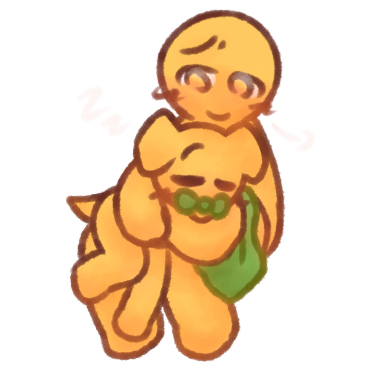 Drawing of two emojipeople, one being an age regressor with dog ears and a tail and the other being a caregiver, with the age regressed person curled up and sleeping on the caregiver's lap while holding a green blanket and having a green pacifier in their