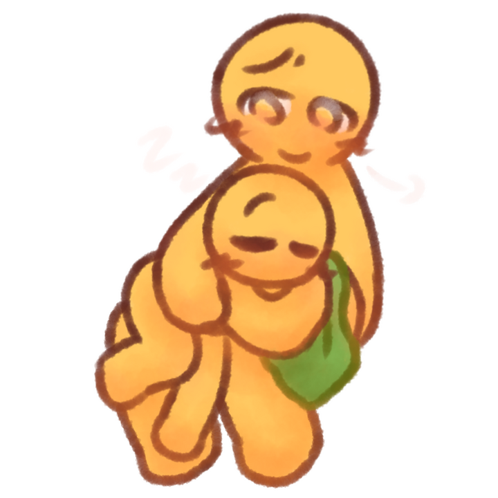 Drawing of two emojipeople, one being an age regressor and the other being a caregiver, with the age regressed person curled up and sleeping on the caregiver's lap while holding a green blanket.