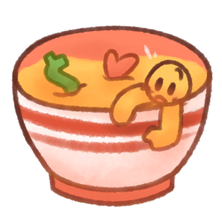 Drawing of a large white and red bowl with two red lines around the top. There's yellow soup inside, along with a floating heart, dollar sign, and emojiperson.