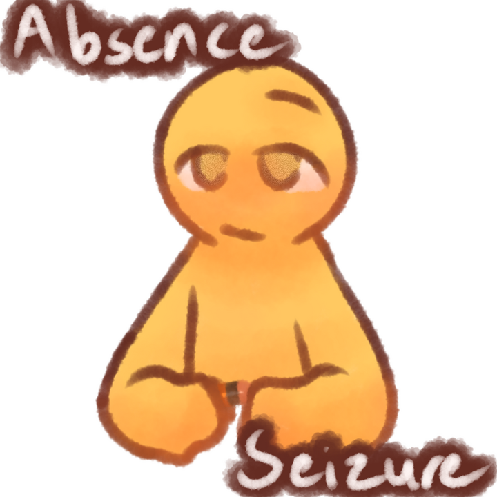 Drawing of an emojiperson having an absence seizure. The text "Absence seizure" can be seen above and below the drawing in white with a brown outline.