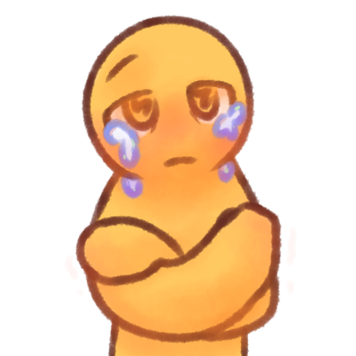 Drawing of an emojiperson crying and hugging themself. They look dissociated.