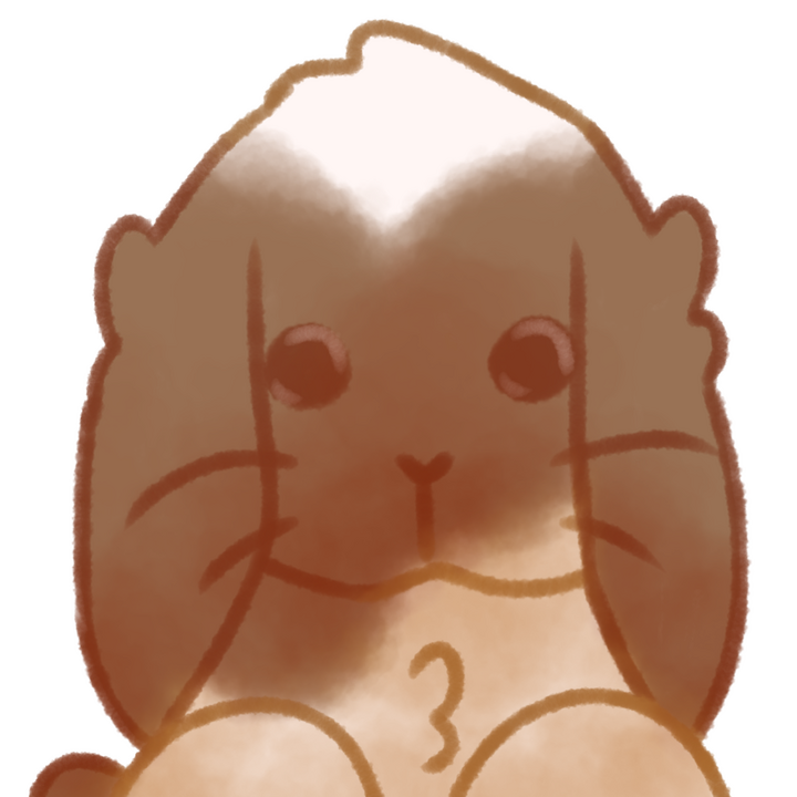 Drawing of a lop-eared white and brown colored rabbit staring at the viewer.