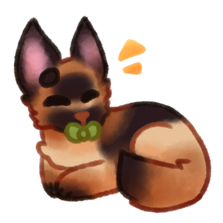 Drawing of a german shepherd curled up happily with a green pacifier in its mouth.