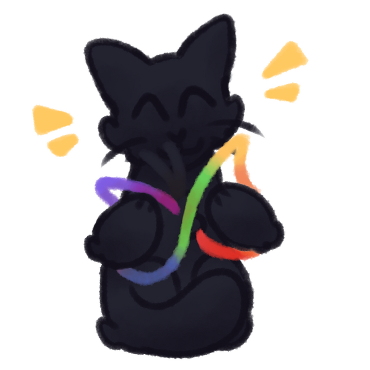 Drawing of a black cat holding the ADHD rainbow butterfly symbol happily.