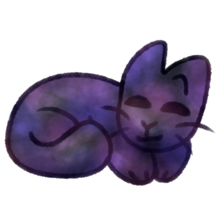 Drawing of a galaxy-colored cat curled up and resting happily with its eyes closed.