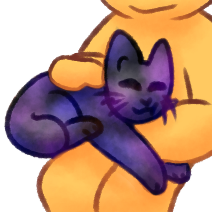 Drawing of a galaxy-colored cat resting on an emojiperson's lap and nuzzling its face into the person's arm.