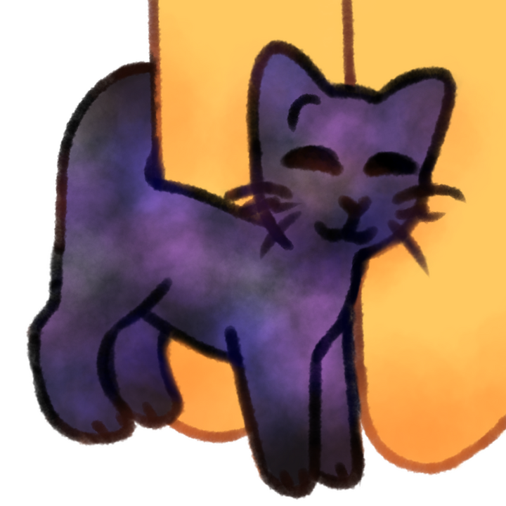 Drawing of a galaxy-colored cat rubbing itself around an emojiperson's legs happily, with its tail curling around the legs.