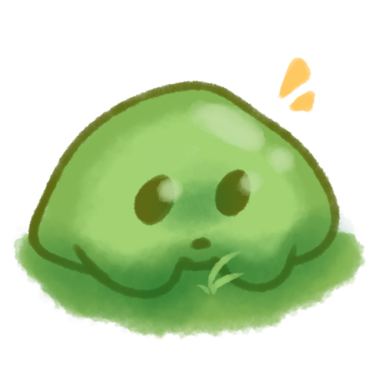 Drawing of a minecraft slime sitting in and looking down at some grass.
