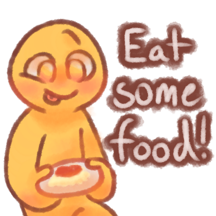 Drawing of an emojiperson holding a plate of spaghetti and looking down at it with their tongue sticking out. The text "Eat some food!" in white with a brown outline can be seen to the right of the drawing.