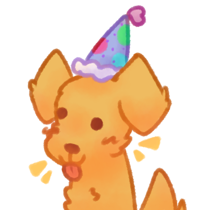Drawing of a silly looking happy golden retriever with its tongue out and a clown party hat on its head.