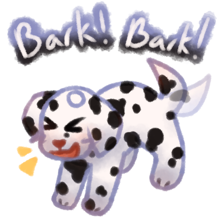 Drawing of a dalmation puppy barking happily and wagging its tail. There's the text "Bark! Bark!" in white with a blue outline above the drawing.