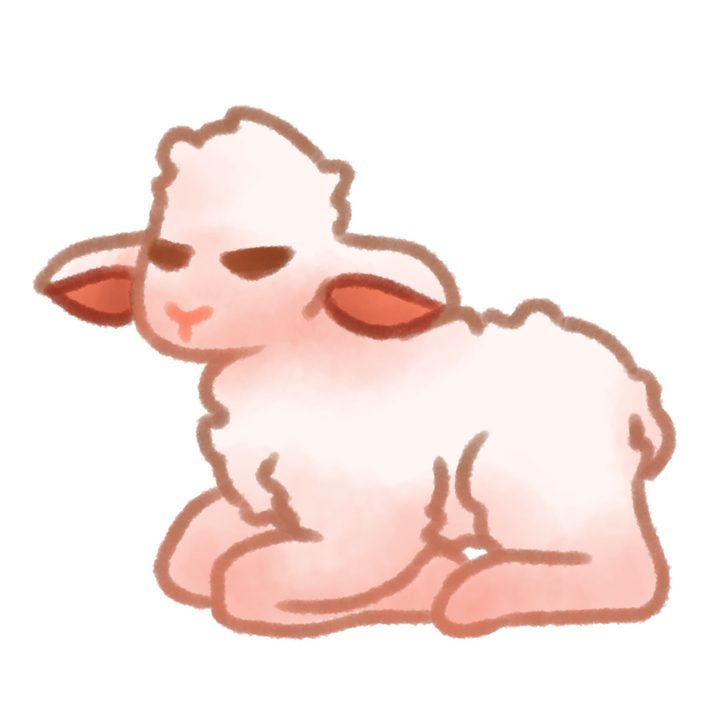 Drawing of a white lamb sitting and resting with its eyes closed.