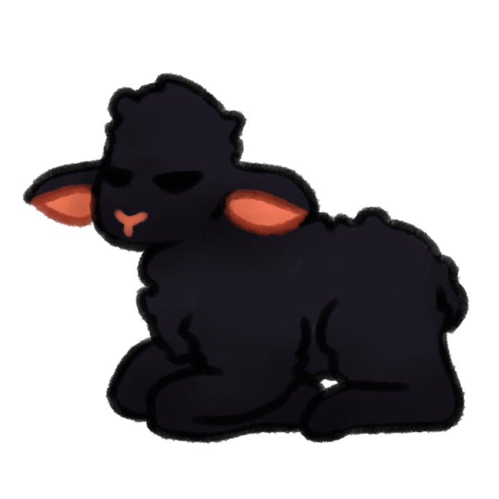 Drawing of a black lamb sitting and resting with its eyes closed.