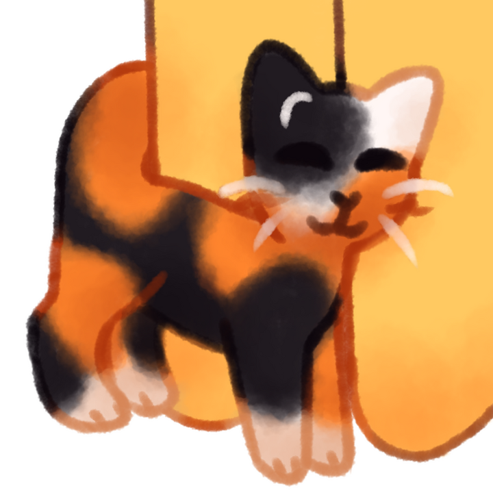 Drawing of a calico cat rubbing itself around an emojiperson's legs happily, with its tail curling around the legs.