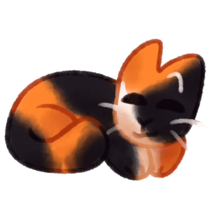 Drawing of a calico cat curled up and resting happily with its eyes closed.