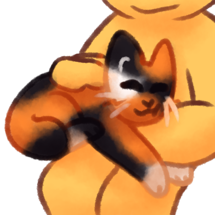 Drawing of a calico cat resting on an emojiperson's lap and nuzzling its face into the person's arm.