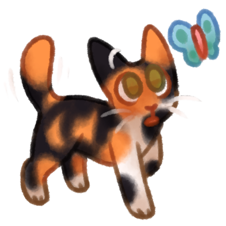 Drawing of a calcio cat looking up at a blue and teal butterfly with wonder.