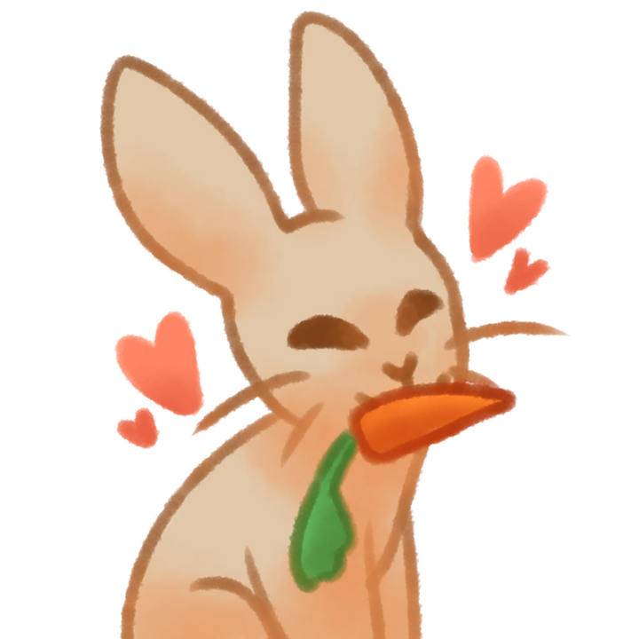 Drawing of a bunny with cream colored fur holding a carrot in its mouth happily with hearts around its head.
