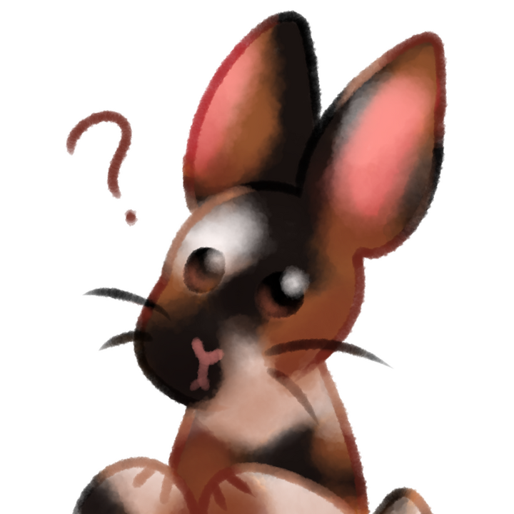 Drawing of a bunny with calico colored fur looking confused with a question mark beside it.