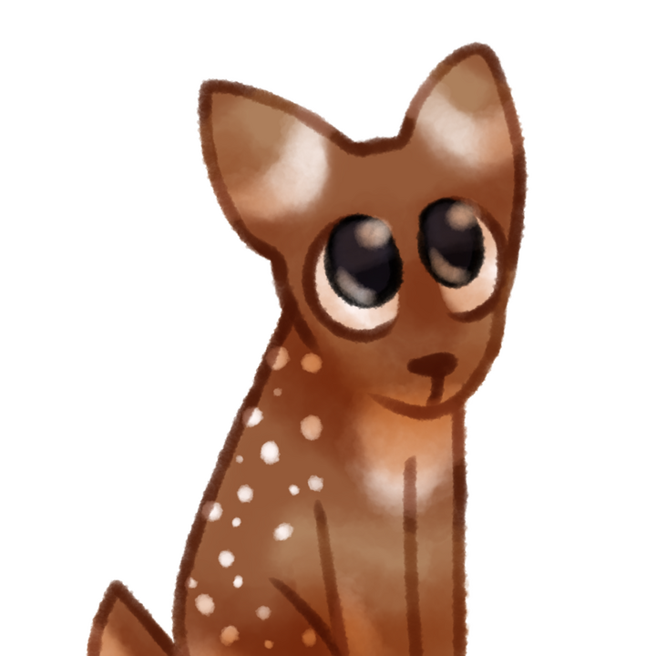 Drawing of a deer fawn looking up with big puppy eyes.