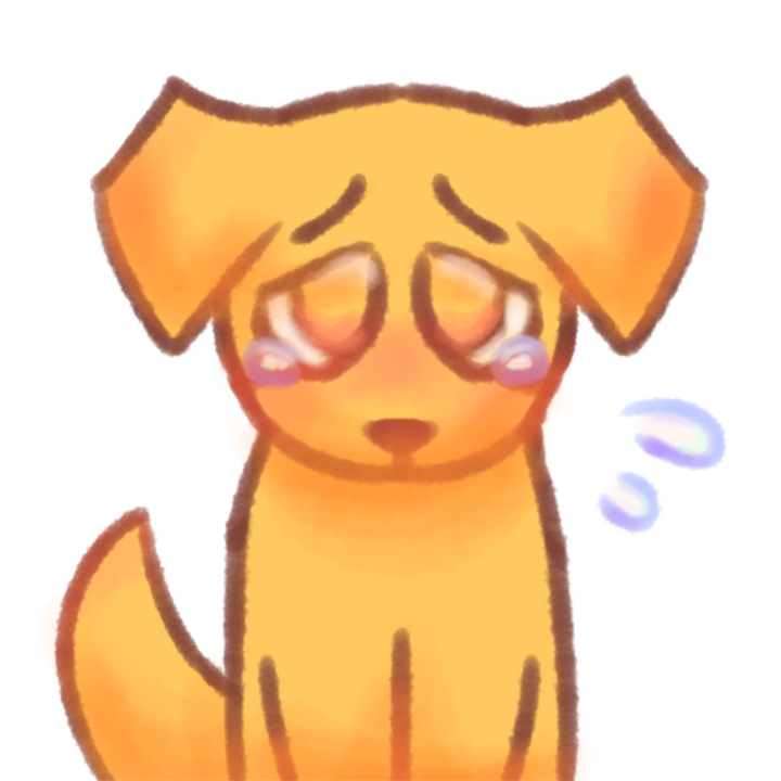 Drawing of a sad emojidog crying and looking up at the viewer.