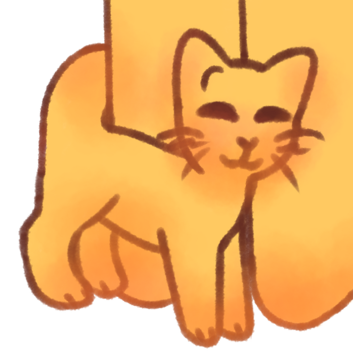 Drawing of an emojicat rubbing itself into an emojiperson's legs happily, with its tail curled around one of them.