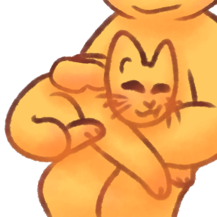 Drawing of an emojicat laying on an emojiperson's lap, rubbing its face into the person's arm happily.