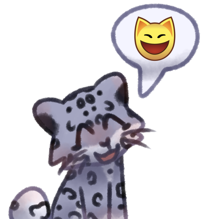 Drawing of a snow leopard happily talking, with a speech bubble that has a happy Animal Jam cat emoji inside.